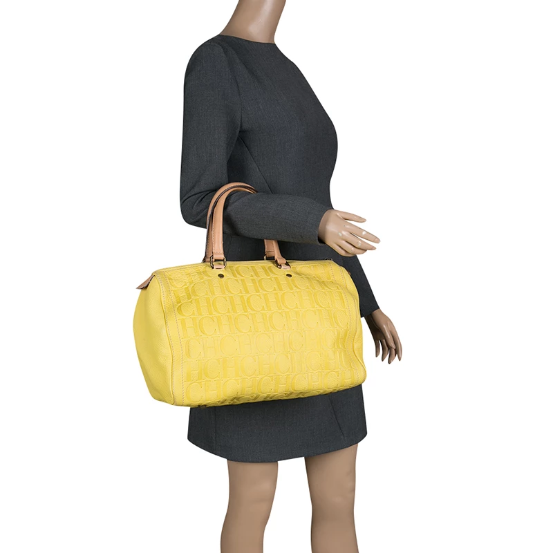 Carolina Herrera Yellow Monogram Leather Large Andy Boston Bag Women