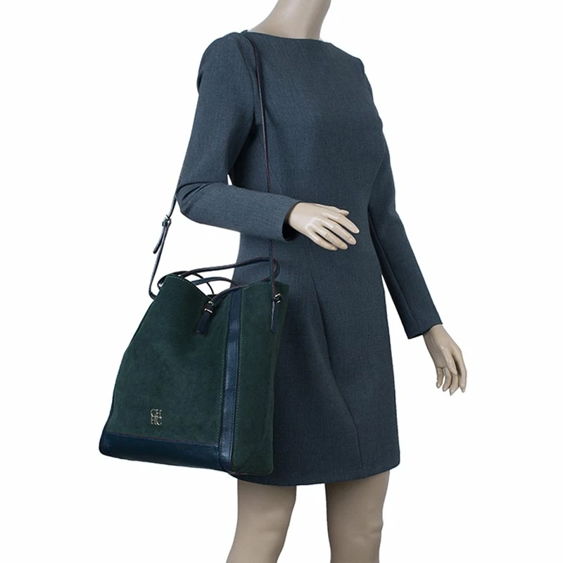 Carolina Herrera Green Suede and Leather Shopper Tote Women
