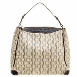 Carolina Herrera Light Beige/Dark Brown Monogram Coated Canvas Hobo Women