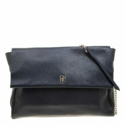 Carolina Herrera Navy Blue Leather Flap Shoulder Bag Women