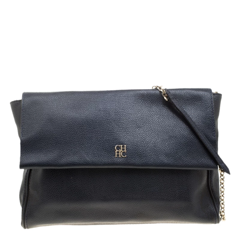Carolina Herrera Navy Blue Leather Flap Shoulder Bag Women