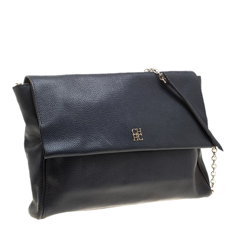 Carolina Herrera Navy Blue Leather Flap Shoulder Bag Women
