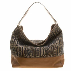 Carolina Herrera Black/Brown Monogram Wool/Canvas And Leather Hobo Women