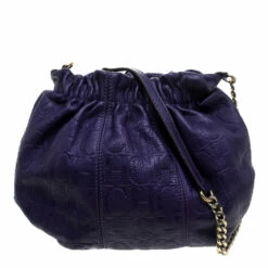 Carolina Herrera Purple Embossed Leather Bucket Shoulder Bag Women
