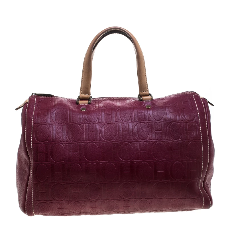 Carolina Herrera Burgundy Monogram Leather Large Andy Boston Bag Women