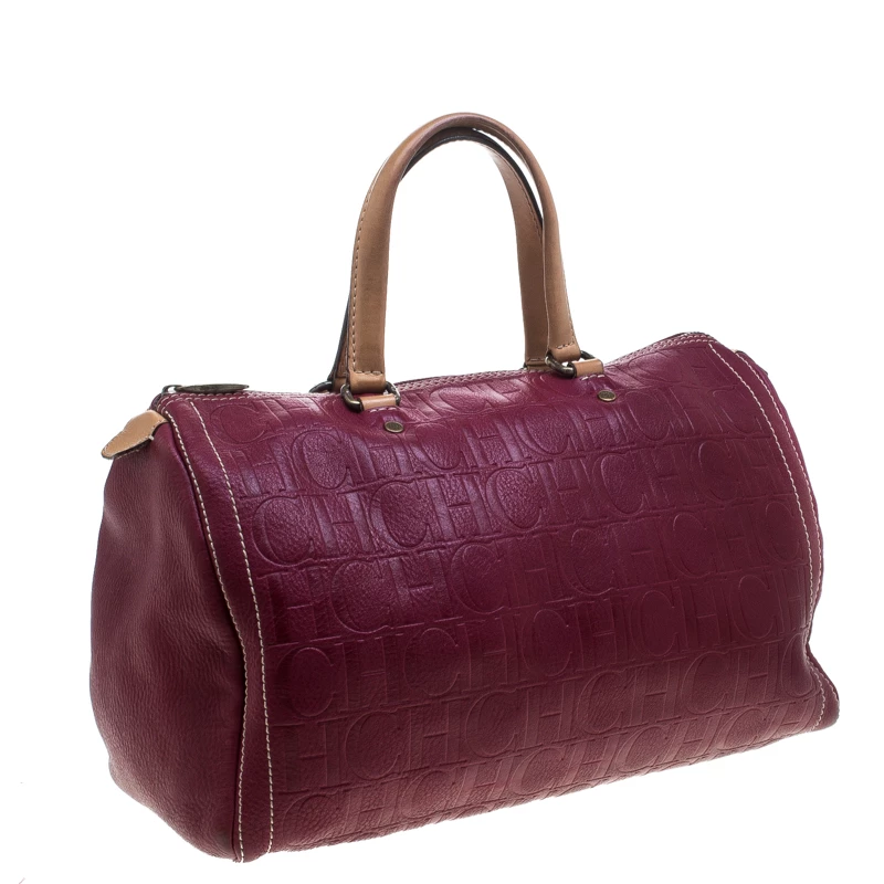 Carolina Herrera Burgundy Monogram Leather Large Andy Boston Bag Women