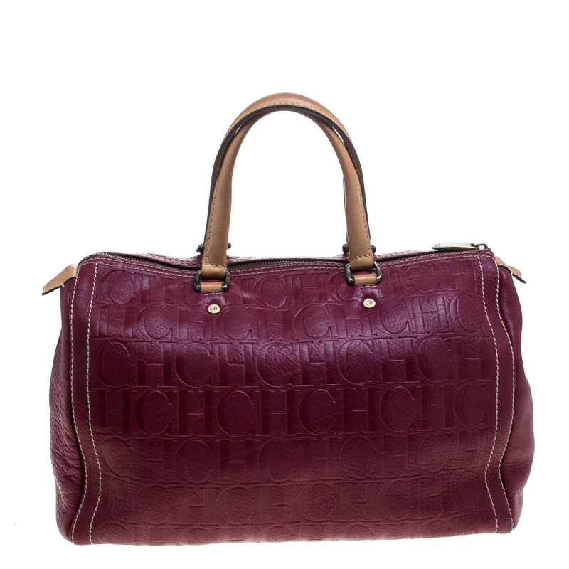 Carolina Herrera Burgundy Monogram Leather Large Andy Boston Bag Women