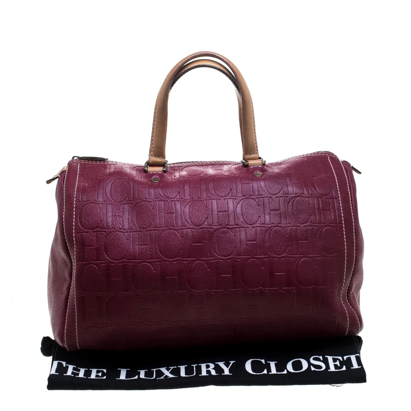 Carolina Herrera Burgundy Monogram Leather Large Andy Boston Bag Women