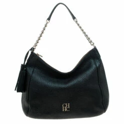 Carolina Herrera Black Pebbled Leather Hobo Women