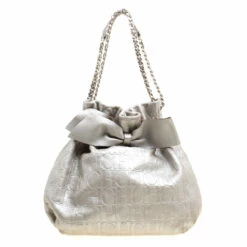 Carolina Herrera Silver Monogram Embossed Leather Bow Bucket Shoulder Bag Women