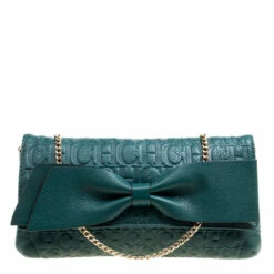 Carolina Herrera Green Monogram Leather Bow Clutch Women