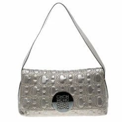 Carolina Herrera Metallic Grey Monogram Leather Shoulder Bag Women