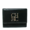 Carolina Herrera Black Leather Tri Fold Compact Wallet Women
