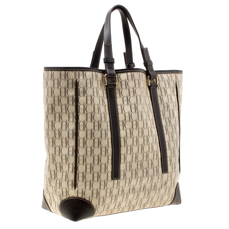 Carolina Herrera Beige/Brown Monogram Coated Canvas Shopper Tote Women