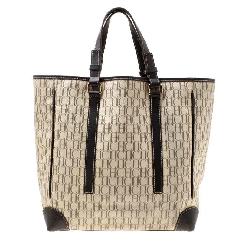 Carolina Herrera Beige/Brown Monogram Coated Canvas Shopper Tote Women
