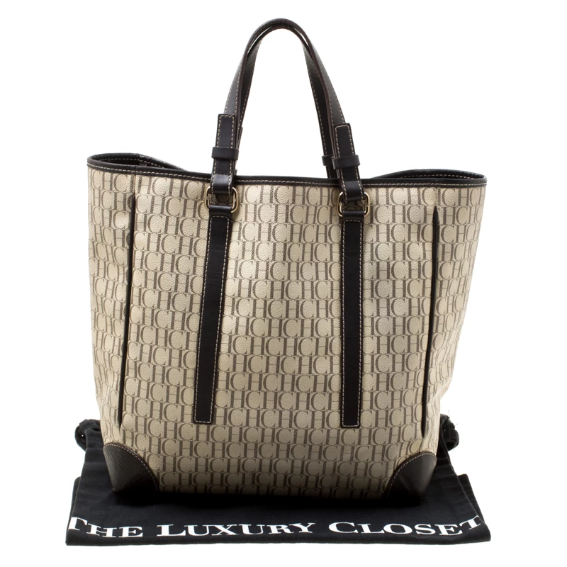Carolina Herrera Beige/Brown Monogram Coated Canvas Shopper Tote Women