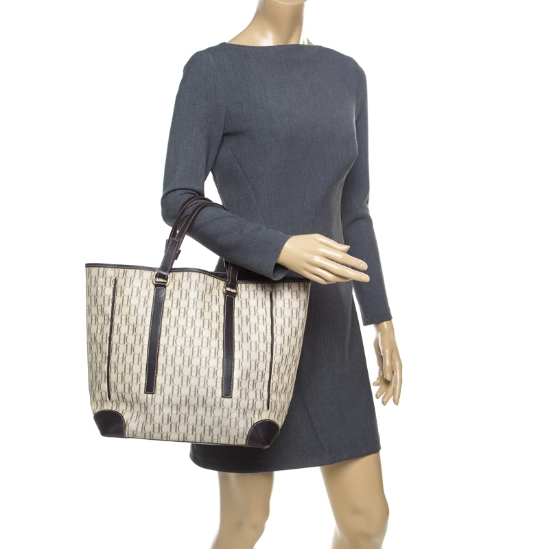 Carolina Herrera Beige/Brown Monogram Coated Canvas Shopper Tote Women