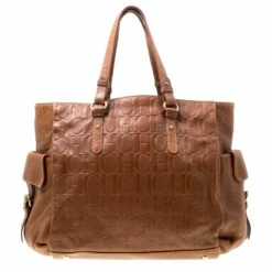 Carolina Herrera Brown Monogram Leather Shopper Tote Women