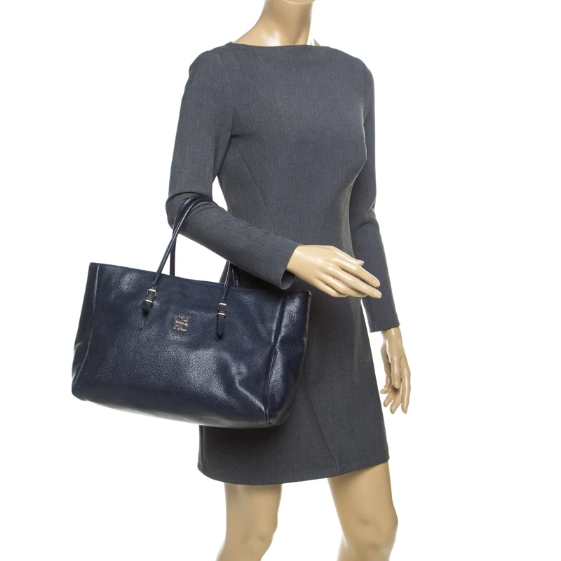 Carolina Herrera Blue Leather Tempo Collection Adagio Tote Women