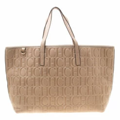 Carolina Herrera Beige Monogram Leather Shopper Tote Women