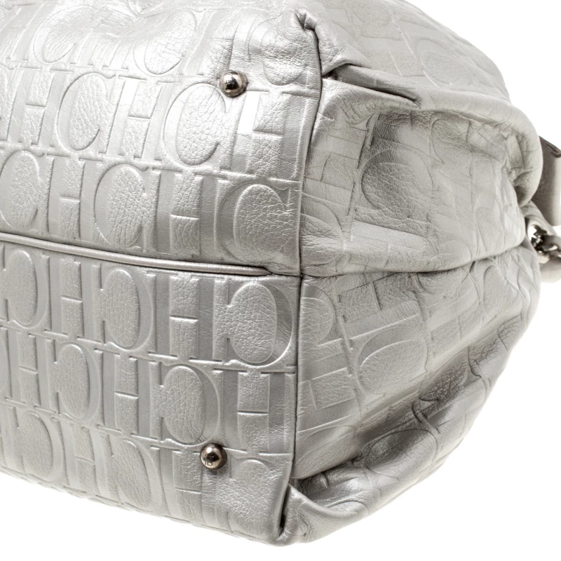 Carolina Herrera Silver Monogram Leather Bow Bucket Hobo Women