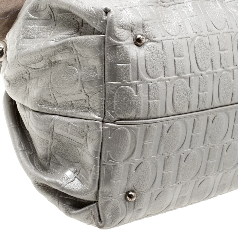 Carolina Herrera Silver Monogram Leather Bow Bucket Hobo Women