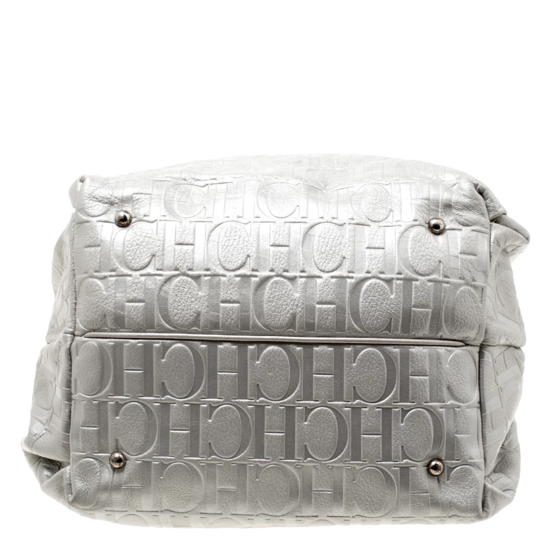 Carolina Herrera Silver Monogram Leather Bow Bucket Hobo Women