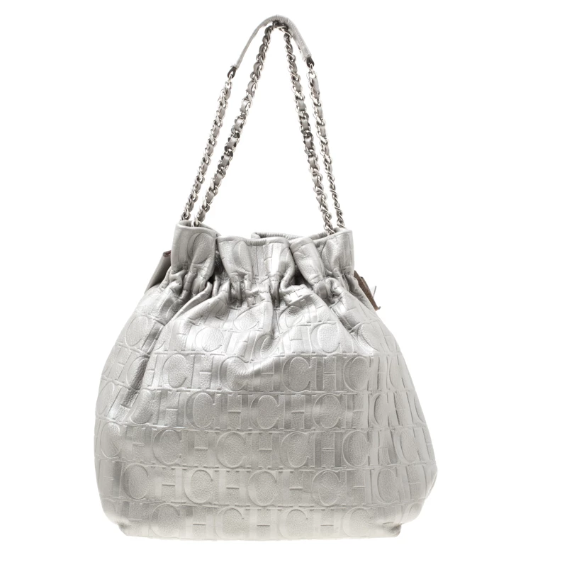 Carolina Herrera Silver Monogram Leather Bow Bucket Hobo Women