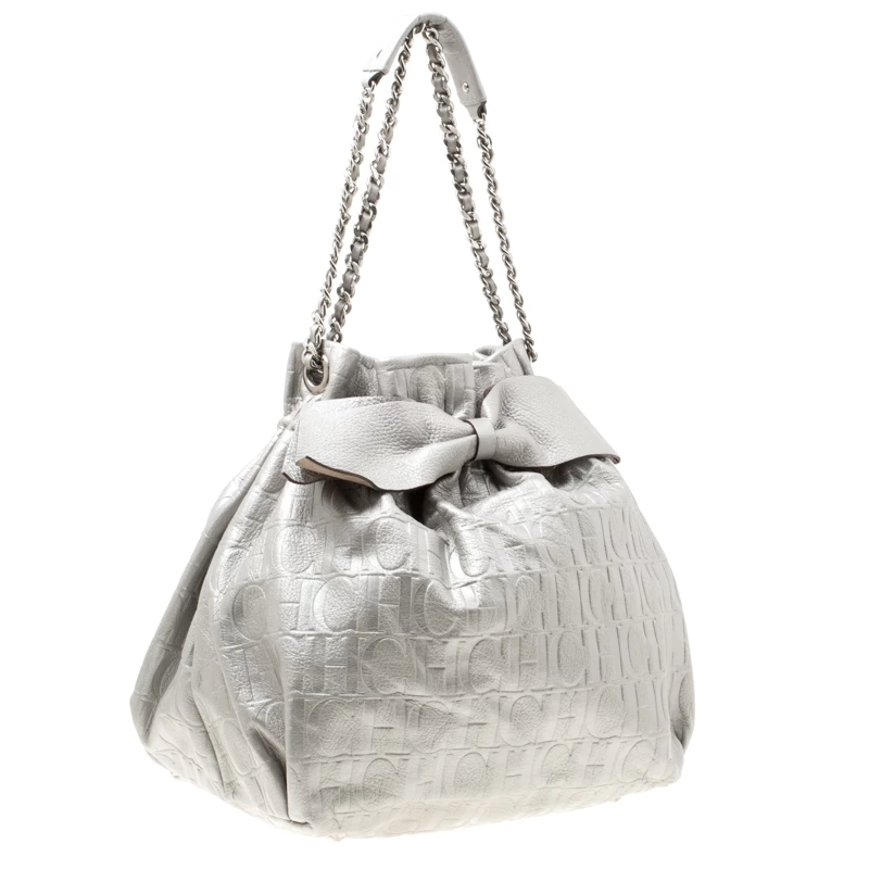 Carolina Herrera Silver Monogram Leather Bow Bucket Hobo Women