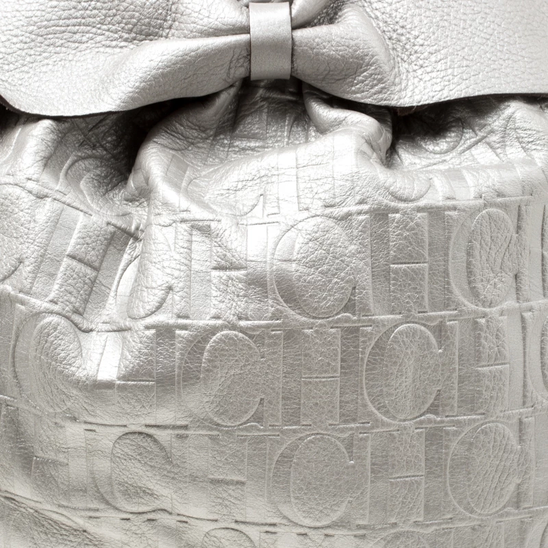 Carolina Herrera Silver Monogram Leather Bow Bucket Hobo Women
