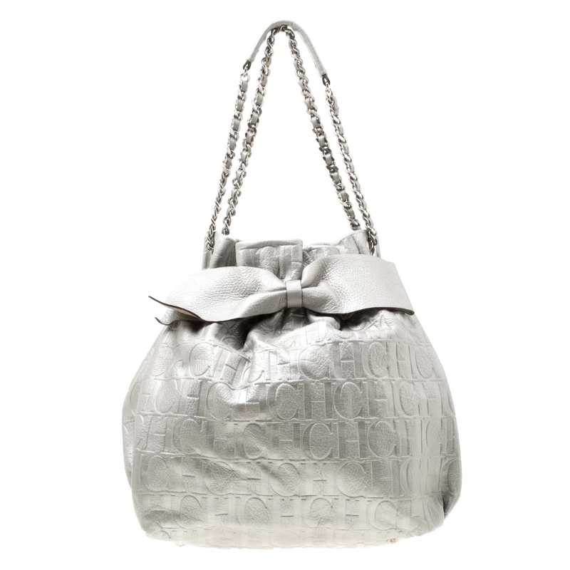 Carolina Herrera Silver Monogram Leather Bow Bucket Hobo Women