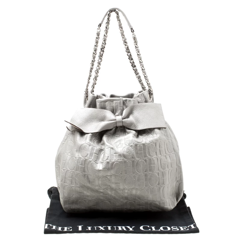 Carolina Herrera Silver Monogram Leather Bow Bucket Hobo Women