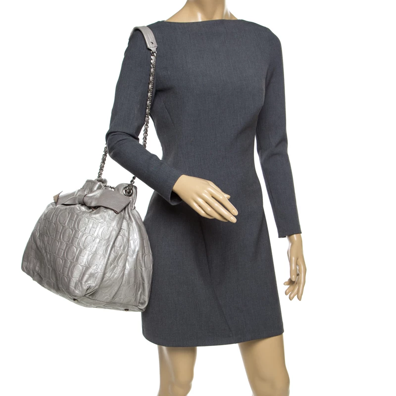 Carolina Herrera Silver Monogram Leather Bow Bucket Hobo Women