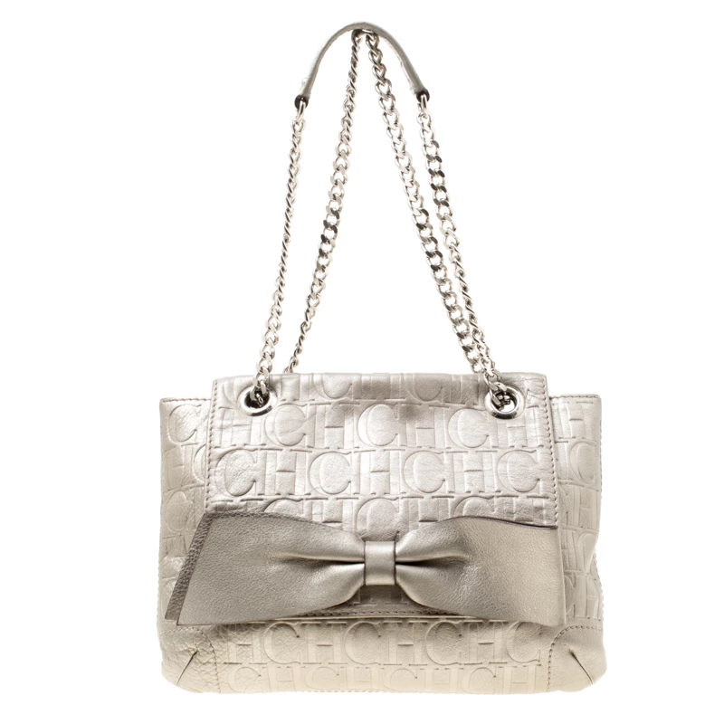 Carolina Herrera Grey Monogram Leather Audrey Shoulder Bag Women