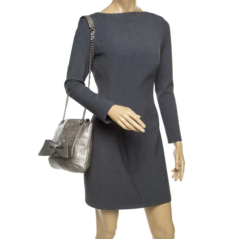 Carolina Herrera Grey Monogram Leather Audrey Shoulder Bag Women