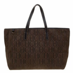 Carolina Herrera Brown Monogram Embossed Nubuck Shopper Tote Women