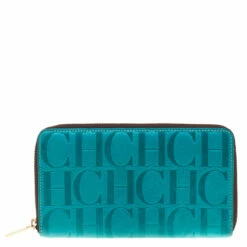 Carolina Herrera Blue Monogram Leather Zip Around Wallet Women