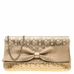 Carolina Herrera Gold Monogram Leather Bow Bag Women