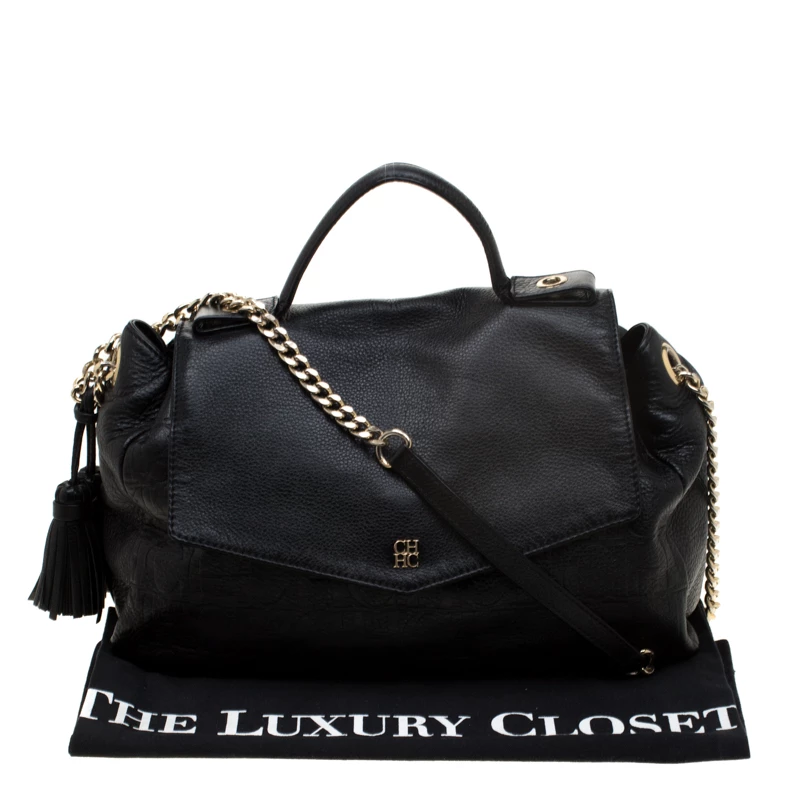 Carolina Herrera Black Monogram Embossed Leather Satchel Women 9 Carolina Herrera Black Monogram Embossed Leather Satchel Women - Image 9