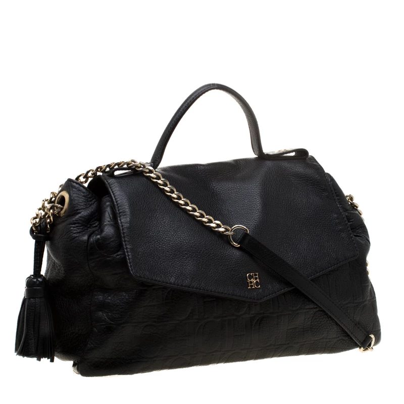Carolina Herrera Black Monogram Embossed Leather Satchel Women 3 Carolina Herrera Black Monogram Embossed Leather Satchel Women - Image 3
