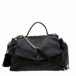 Carolina Herrera Black Monogram Embossed Leather Satchel Women