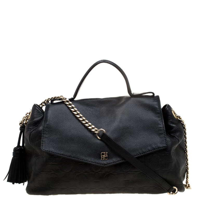 Carolina Herrera Black Monogram Embossed Leather Satchel Women 1 Carolina Herrera Black Monogram Embossed Leather Satchel Women