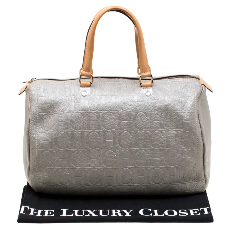 Carolina Herrera Metallic Grey Leather Large Andy Boston Bag Women