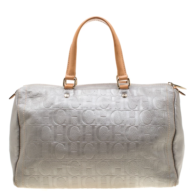 Carolina Herrera Metallic Grey Leather Large Andy Boston Bag Women