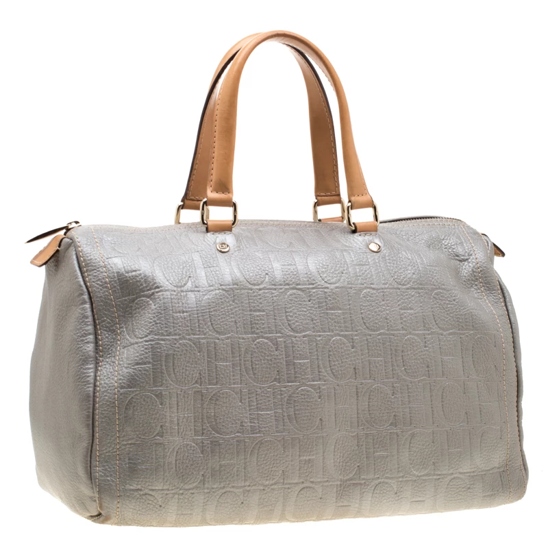 Carolina Herrera Metallic Grey Leather Large Andy Boston Bag Women