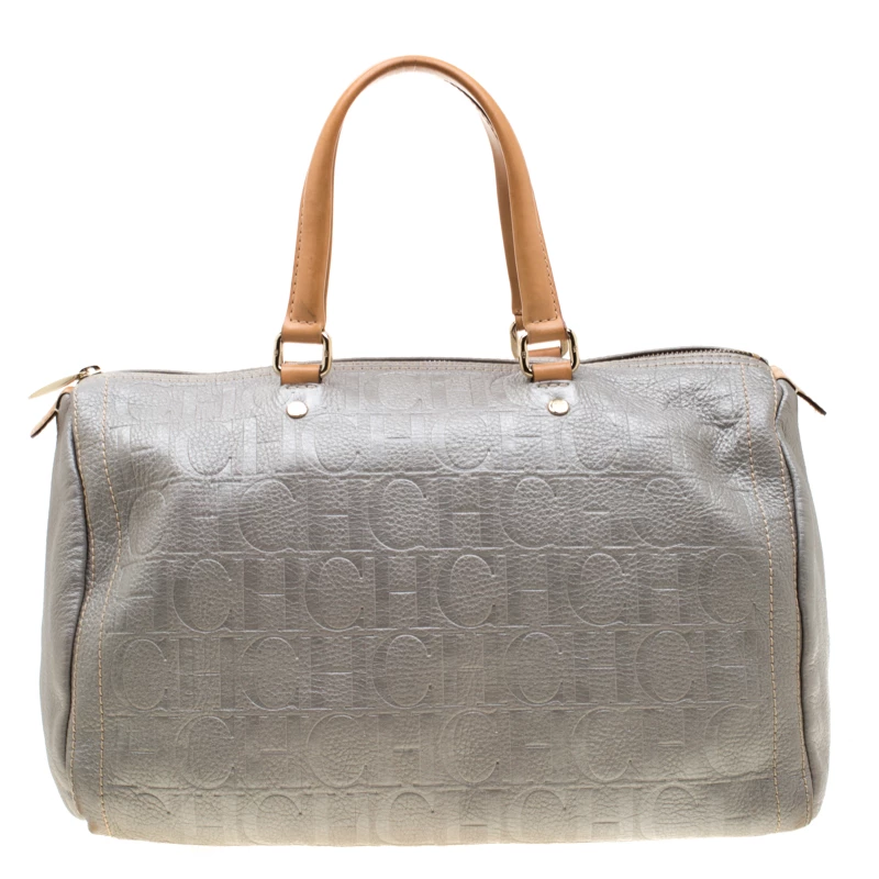 Carolina Herrera Metallic Grey Leather Large Andy Boston Bag Women