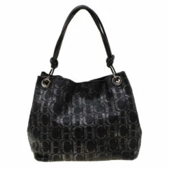 Carolina Herrera Black Monogram Leather Hobo Women