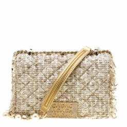 Carolina Herrera Beige/Silver Tweed And Fabric Faux Pearl Embellished Shoulder Bag Women