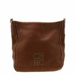 Carolina Herrera Brown Pebbled Leather Messenger Bag Women