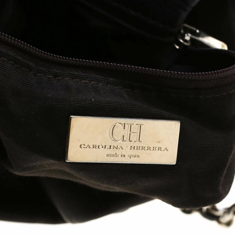Carolina Herrera Dark Brown Monogram Embossed Leather Bow Bucket Shoulder Bag Women